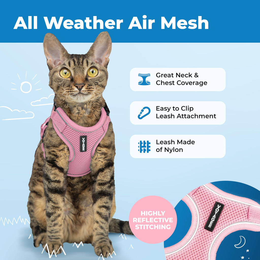 Voyager Escape-Proof Step-in Lock Cat Harness & 5ft Neoprene-Handle Leash Set All-Weather Mesh with Reflective Stitching for Small to Large Cats by Best Pet Supplies, Pink (327), S