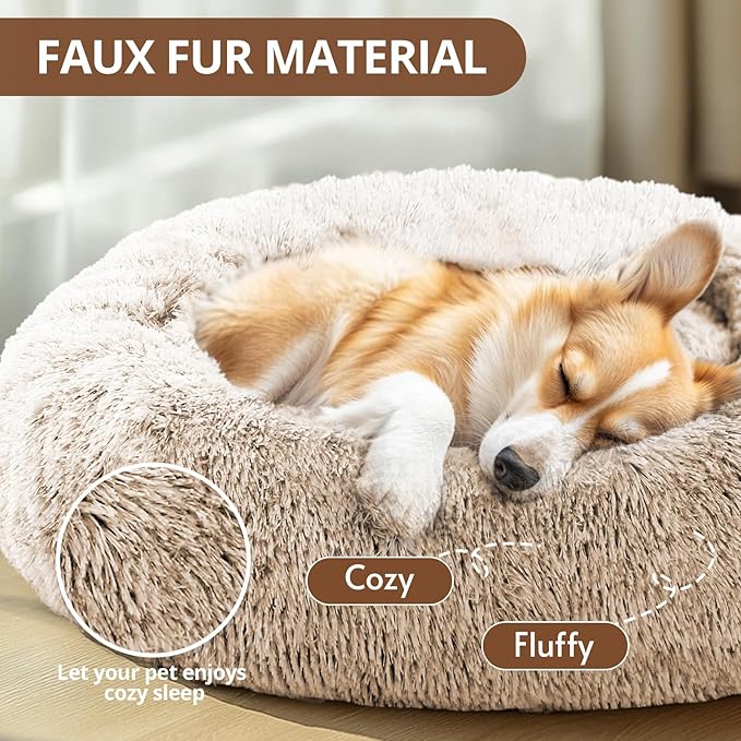 JOLLYVOGUE Calming Dog Bed for Small Dogs - 23 inches Donut Washable Small Dog Bed for Kittens & Puppies, Anti-Slip Round Fluffy Plush Faux Fur Cat Beds (Fits up to 25 lbs Pets, Cream Brown)