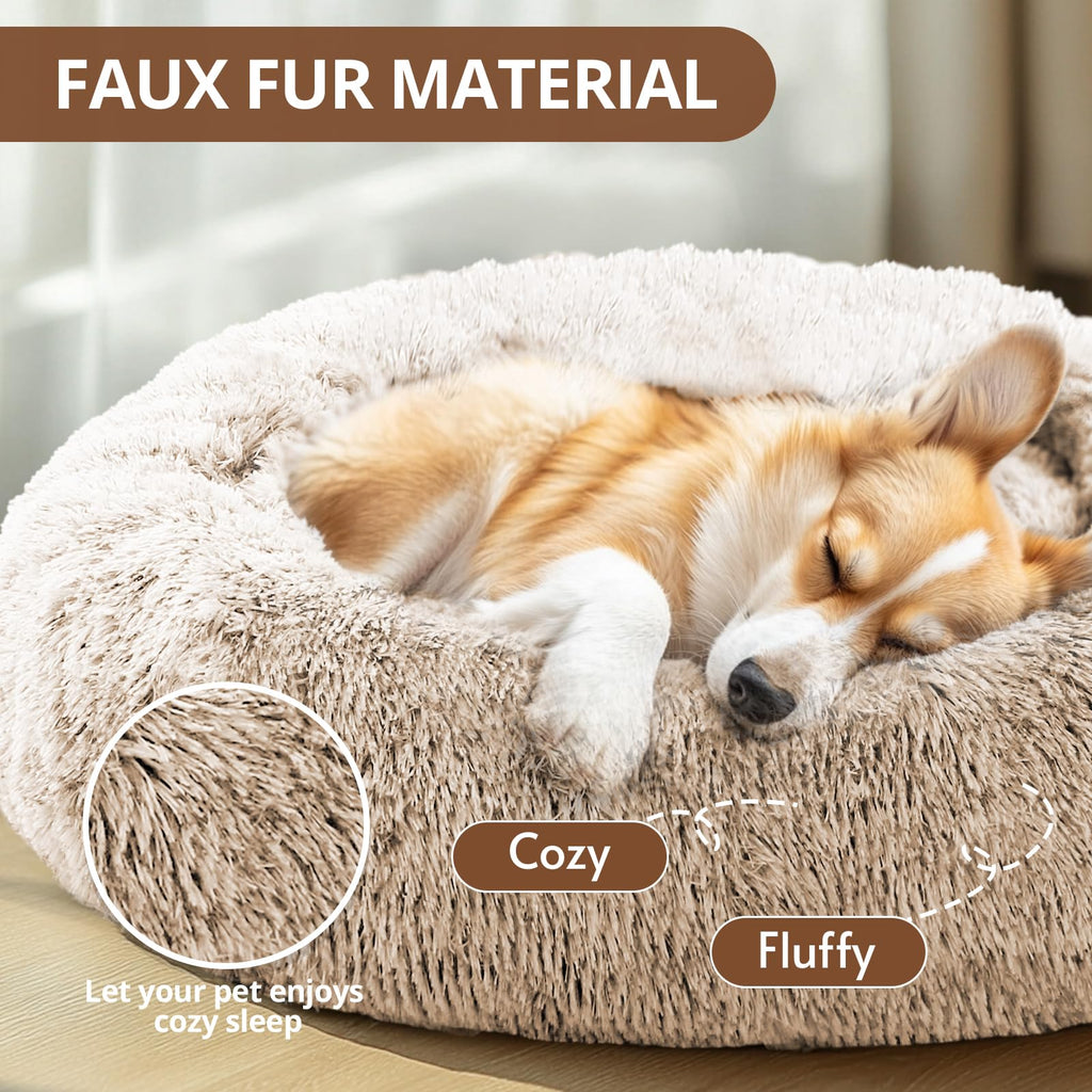 JOLLYVOGUE Calming Dog Bed for Small Dogs - 23 inches Donut Washable Small Dog Bed for Kittens & Puppies, Anti-Slip Round Fluffy Plush Faux Fur Cat Beds (Fits up to 25 lbs Pets, Cream Brown)