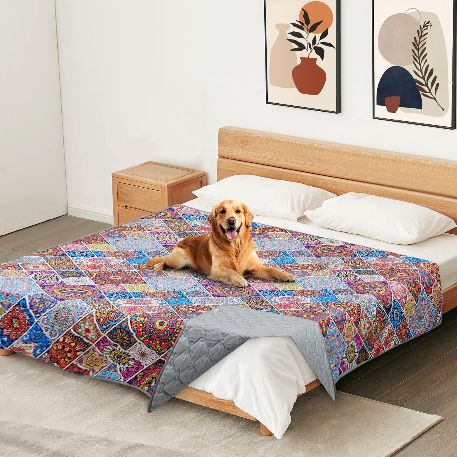 YOSEPATI Waterproof Dog Blanket, Bohemian Dog Bed Cover Pet Blanket, Reversible Sofa Couch Cover for Dogs Washable, Protect Furniture Bed Couch Sofa for Puppy Cat (Colorful Medallion, 52×82 Inch)