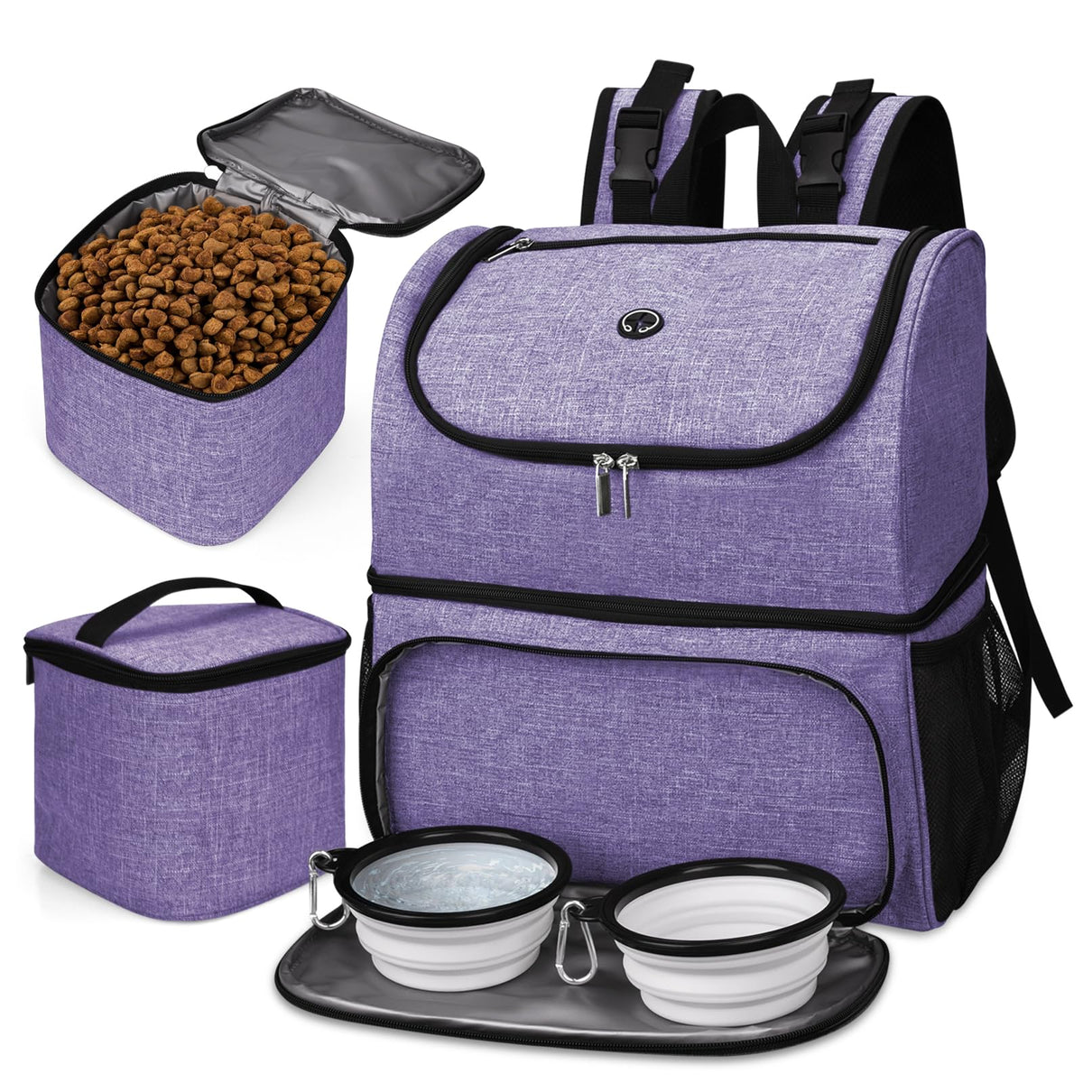 BAGLHER丨Dog Travel Bag, Airline Approved Pet Supplies Backpack, Dog Travel Backpack Accessories Set with 2 Silicone Collapsible Bowls and 2 Food Baskets. Purple