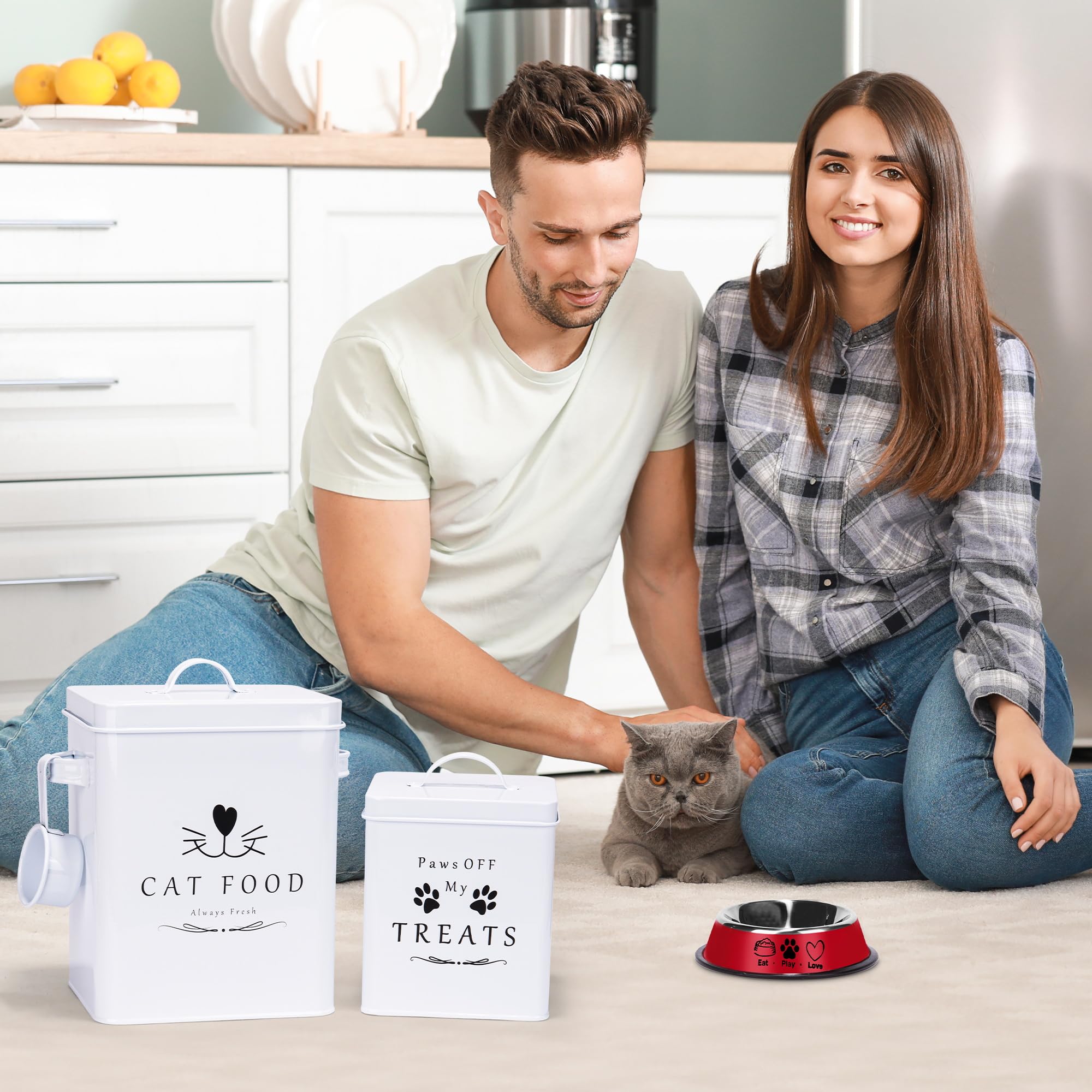 Meraki Home Farmhouse Cat Food and Treats Containers + Feed Scoop + Pet Food Bowl - Tight Lids - Large Metal Storage Bin - Great Gift for Cute Pets (Glossy White)