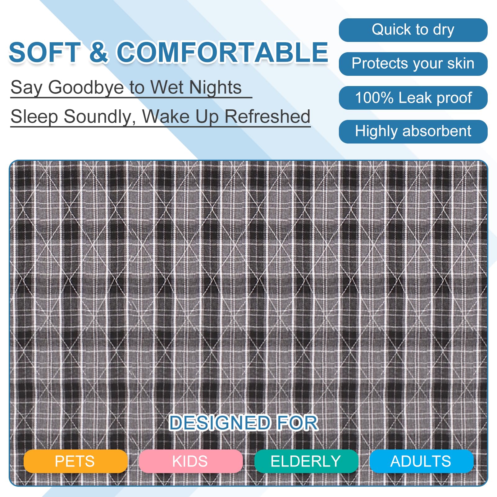 OUTCREATOR® Washable Bed Pads 34" x 56" (Pack of 2), Incontinence Mattress Protector, Anti-Slip Waterproof Underpads for Adults Kids Elderly Pets, Absorbency & Reusable Bedwetting Pads (Black Plaid)