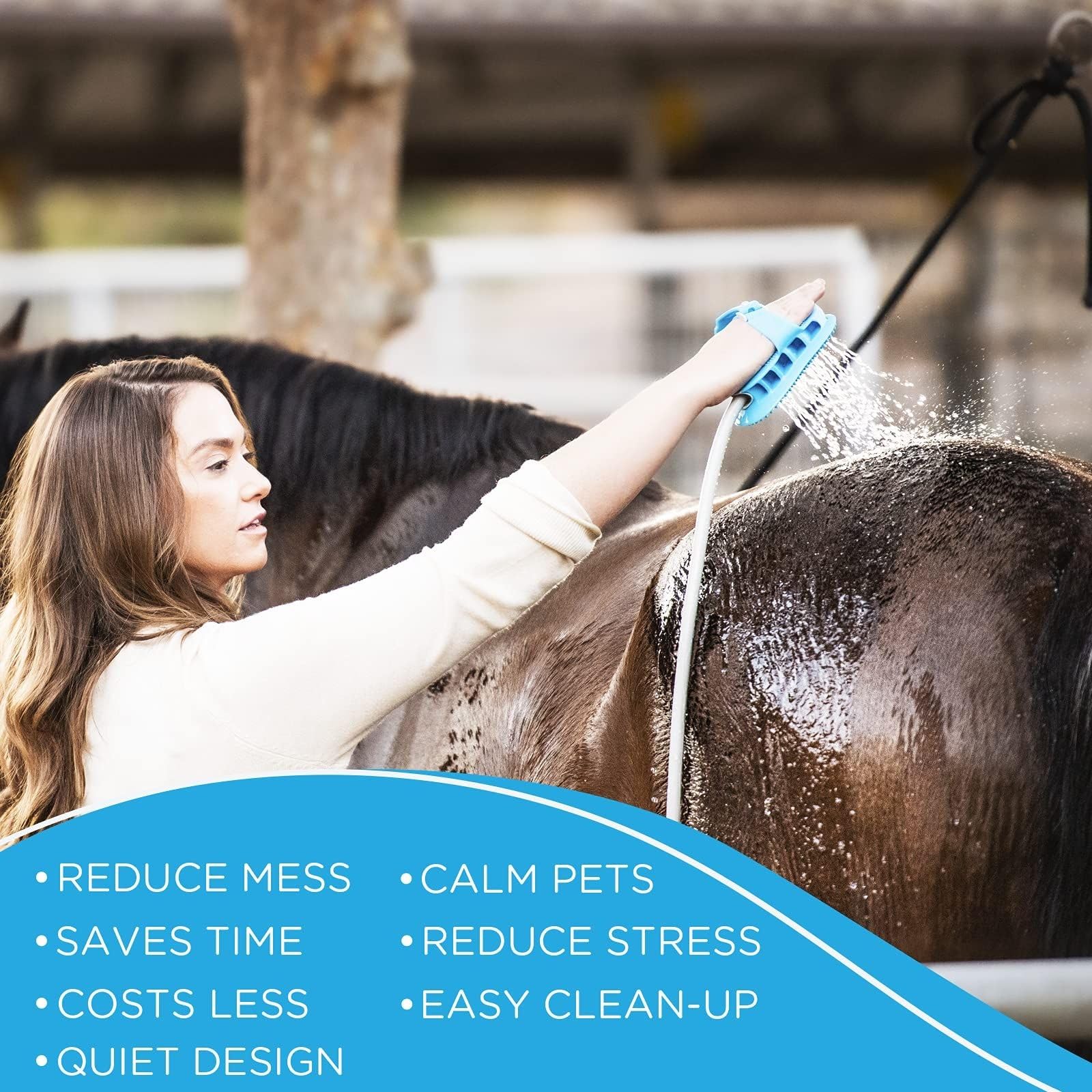 Aquapaw 5-in-1 Horse & Dog Bath Brush & Curry Comb - XL Blue Silicone - Includes 3-ft Shower Hose Attachment & Adapter - Adjustable Spray Scrub Massager - Great for Horses & Big Dogs