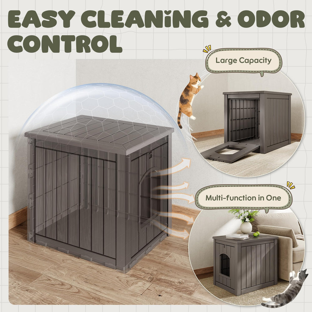 WTFGO Cat Litter Box Enclosure, Plastic Hidden Litter Box Side Table with Openable Front Door, Waterproof & Weatherproof Cat House for Indoor & Outdoor Use (Gray)
