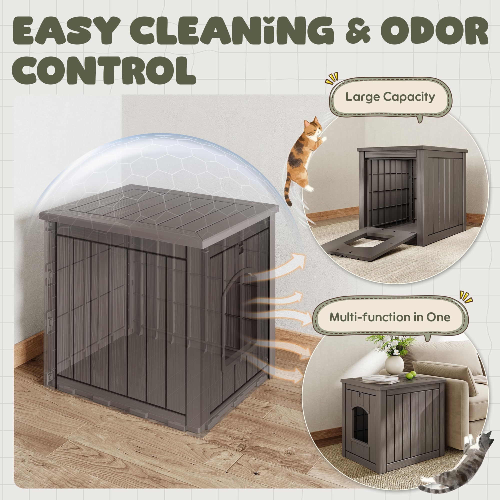 WTFGO Cat Litter Box Enclosure, Plastic Hidden Litter Box Side Table with Openable Front Door, Waterproof & Weatherproof Cat House for Indoor & Outdoor Use (Gray)