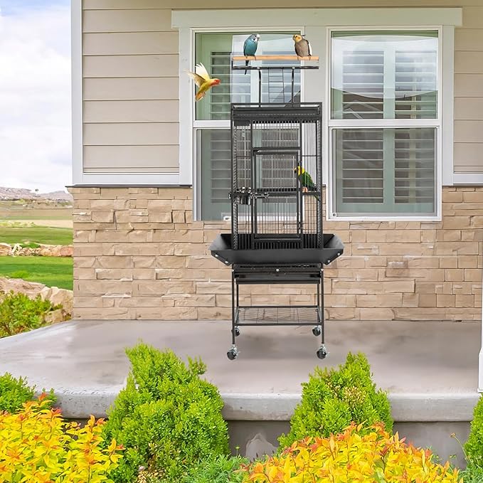 VINGLI Bird Cage with Wheels, 62 inch Bird Cages with Play Top, Wrought Iron Cage with Rolling Stand for Parrots, Cockatiels, Budgies, Lovebirds, Small/Medium Birds (Black)