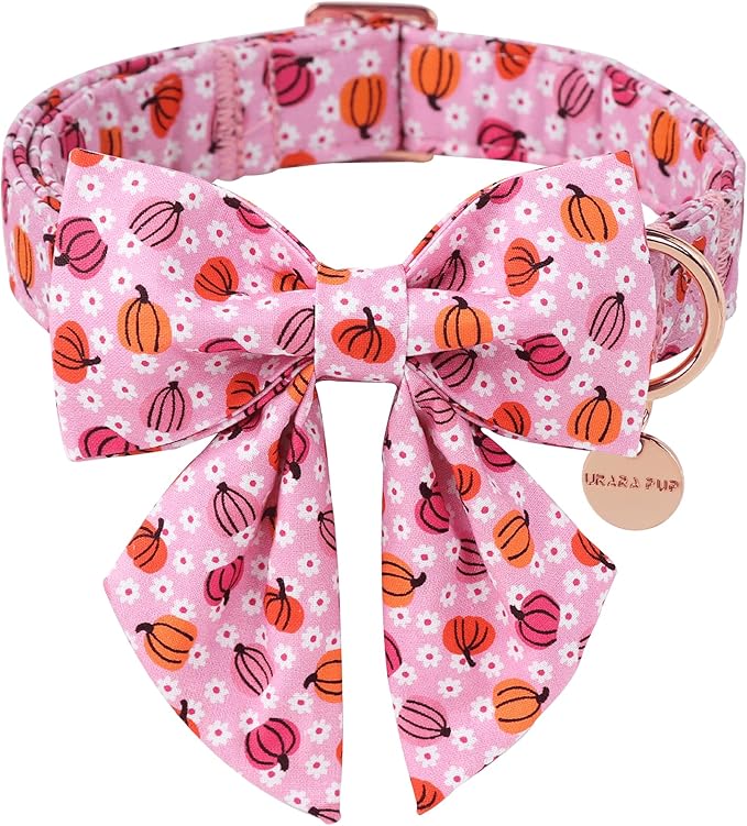 UP URARA PUP Halloween Pumpkin Dog Collar with Bow Tie, Pink Halloween Puppy Bowtie Collar with Adjustable Metal Buckle,Fancy Dog Collar Bowtie for Girl Boy Dog,XL