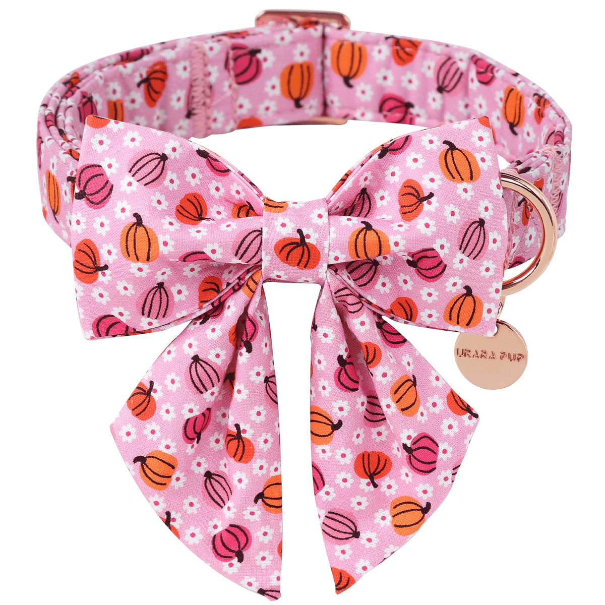 UP URARA PUP Halloween Dog Collar With Flower, Pink Puppy Collar With Adjustable Metal Buckle, Fancy Bowtie Gift for Girl Boy Dog, L