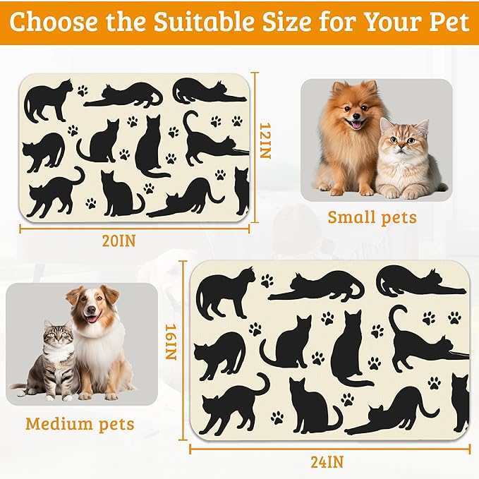 Pet Feeding Mat,Cat Silhouette Absorbent Dog Cat Food Mat Dog Mat with Rubber Backing,Non-Slip Water Bowl Placemat,Pet Supplies 16" x 24"