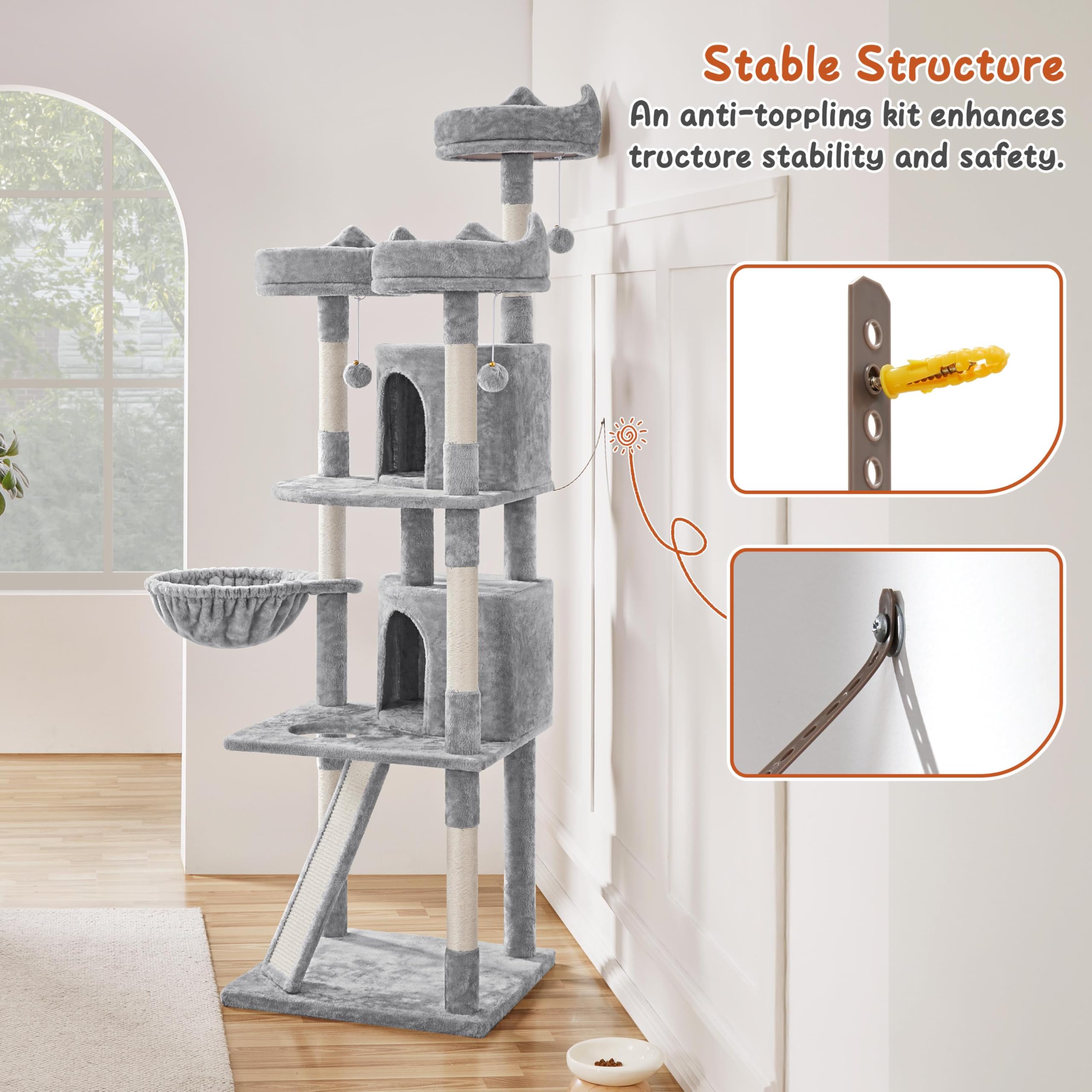 Yaheetech 76in Large Cat Tree Tower, 2 Condos, Sisal Posts & Cat-Ear Perch