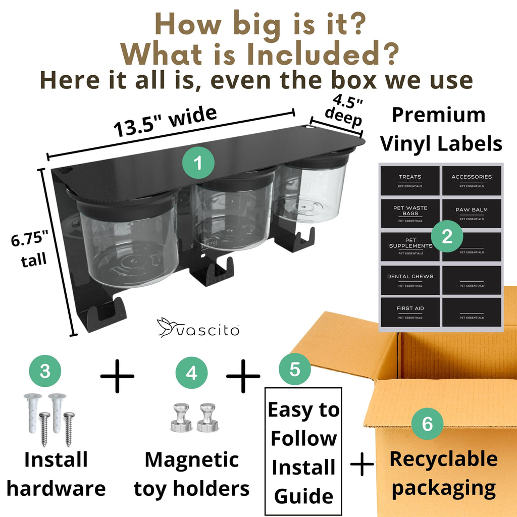 Vascito Dog Treat Holder For Wall Storage For Pets, Premium Pet Wall Organizer, Includes Three 16oz Airtight Dog Treat Jars, 3 Sets of Triple Hooks, Sturdy Shelf in Modern Black