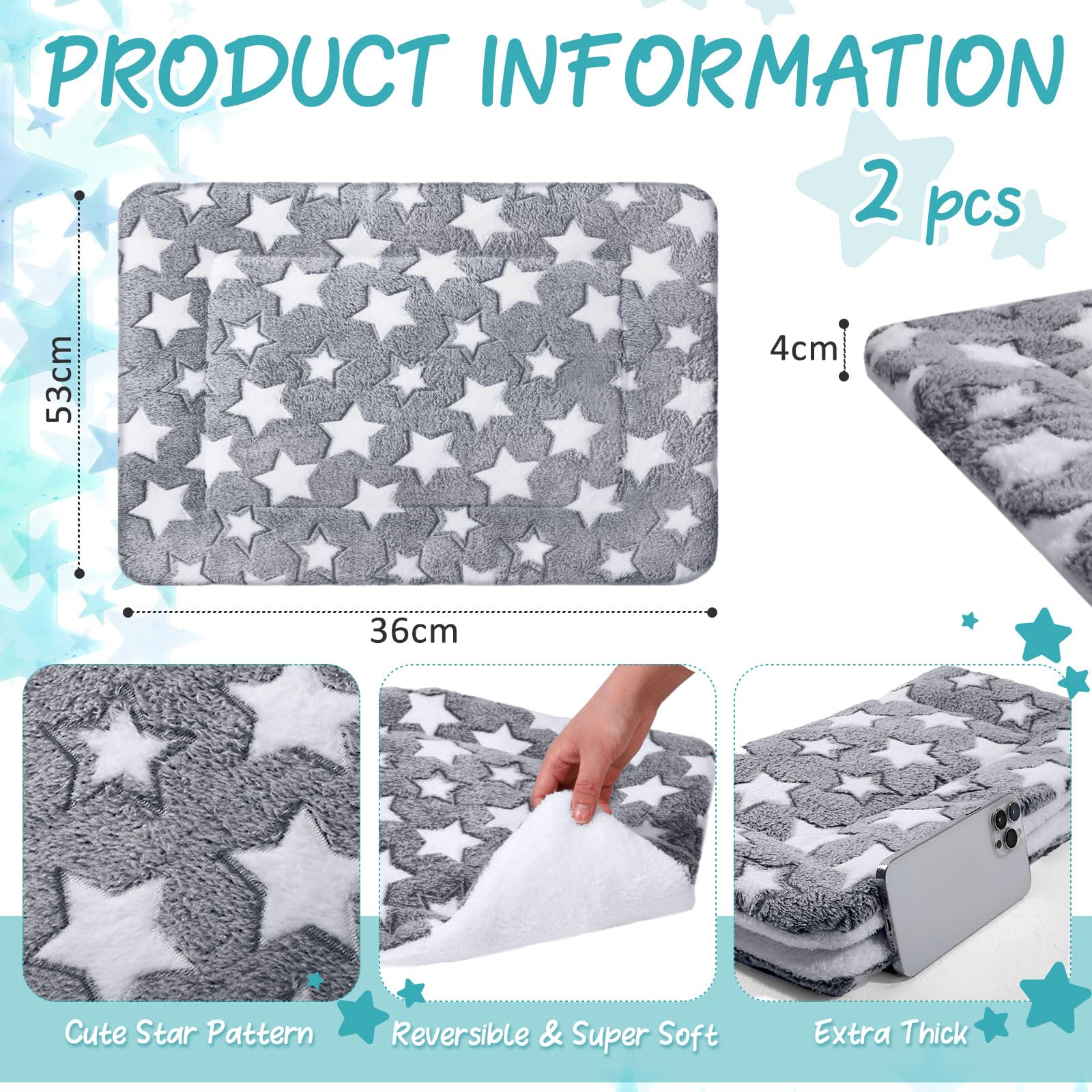 VitalCozy 2 Pack Self Warming Cat Mat Self Heating Pad Bed Reversible Machine Washable Reflects Body Heat Warm Thermal Pet Pad Crate Blanket for Feral and Indoor Cat(Star,21" X 14")