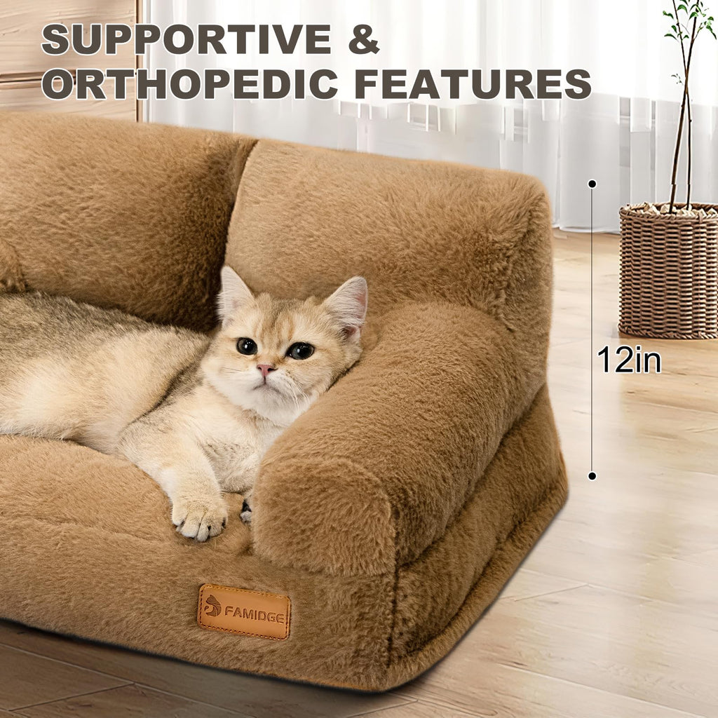 FAMIDGE Plush Cat Couch Bed - Cat Bed for Indoor Cats, Dog Sofa Bed, Short Rabbit Fleece Calming Pet Couch with Removable Cover, Anti-Shedding Pet Sofa for Small/Medium Pets (26×18×12in, Brown)