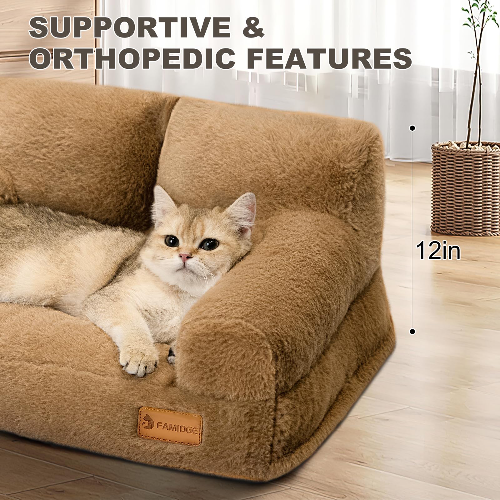 FAMIDGE Plush Cat Couch Bed - Cat Bed for Indoor Cats, Dog Sofa Bed, Short Rabbit Fleece Calming Pet Couch with Removable Cover, Anti-Shedding Pet Sofa for Small/Medium Pets (26×18×12in, Brown)