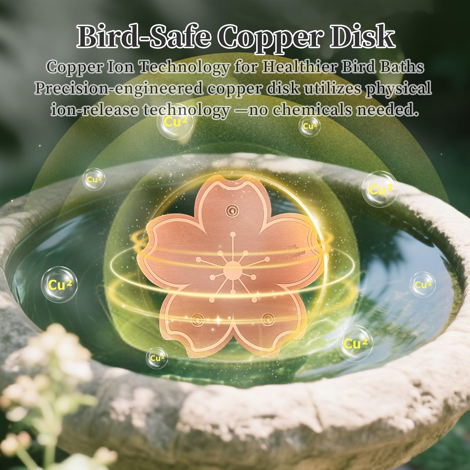 Yncotte Bird Bath Copper Disk, 2pcs Flower Shaped 99.99% Pure Copper Cleaning Disc Plate for Physical Safe Water Purification All-Season for Outdoor Wildlife Bird Bowls Birdbaths Solar