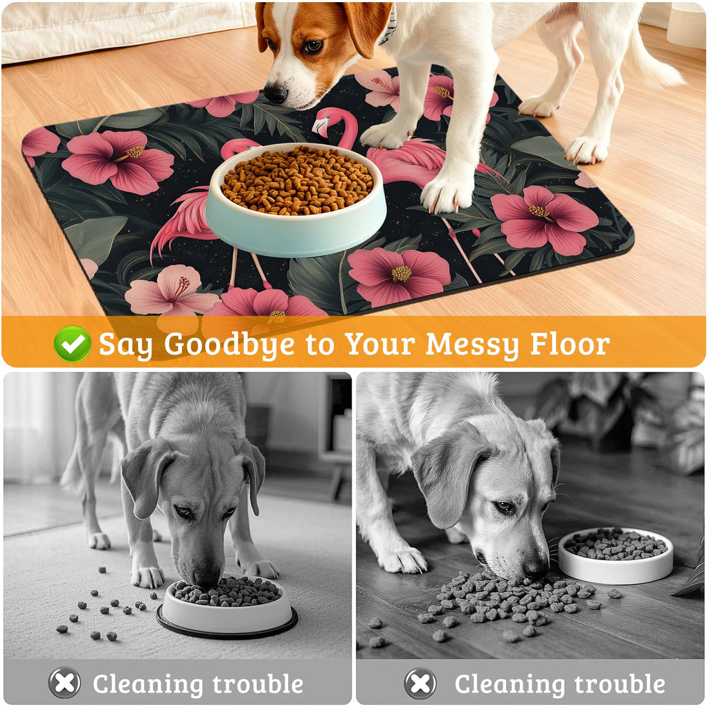 Pet Feeding Mat,Pink Flamingo Absorbent Dog Cat Food Mat Palm Leaves Dog Mat with Rubber Backing,Non-Slip Water Bowl Placemat,Pet Supplies 16" x 24"