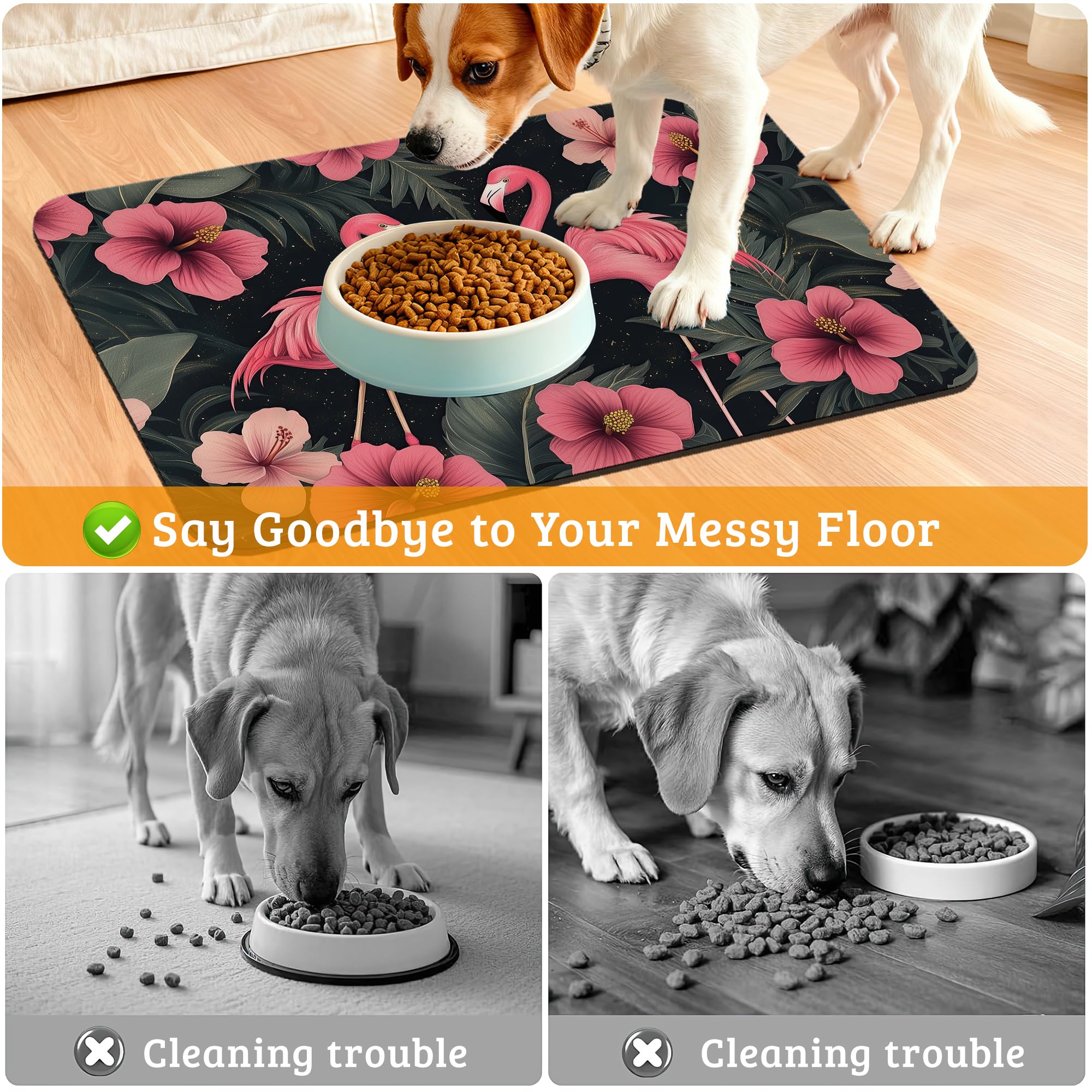 Pet Feeding Mat,Pink Flamingo Absorbent Dog Cat Food Mat Palm Leaves Dog Mat with Rubber Backing,Non-Slip Water Bowl Placemat,Pet Supplies 16" x 24"
