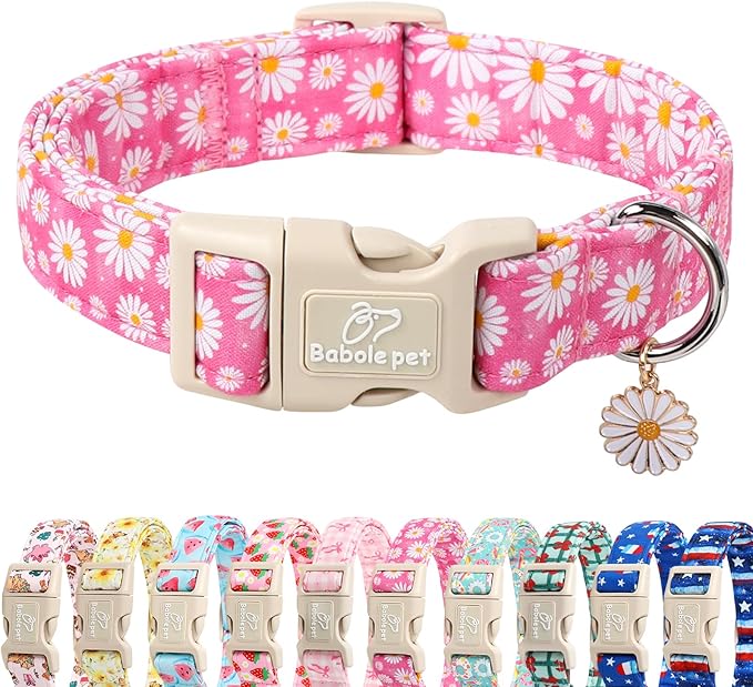 Babole Pet Summer Daisy Dog Collar, Cute Floral Adjustable Pink Dog Collars for Large Dogs, Lightweight Quick-Release Buckle Collar for Boy&Girl Dogs L