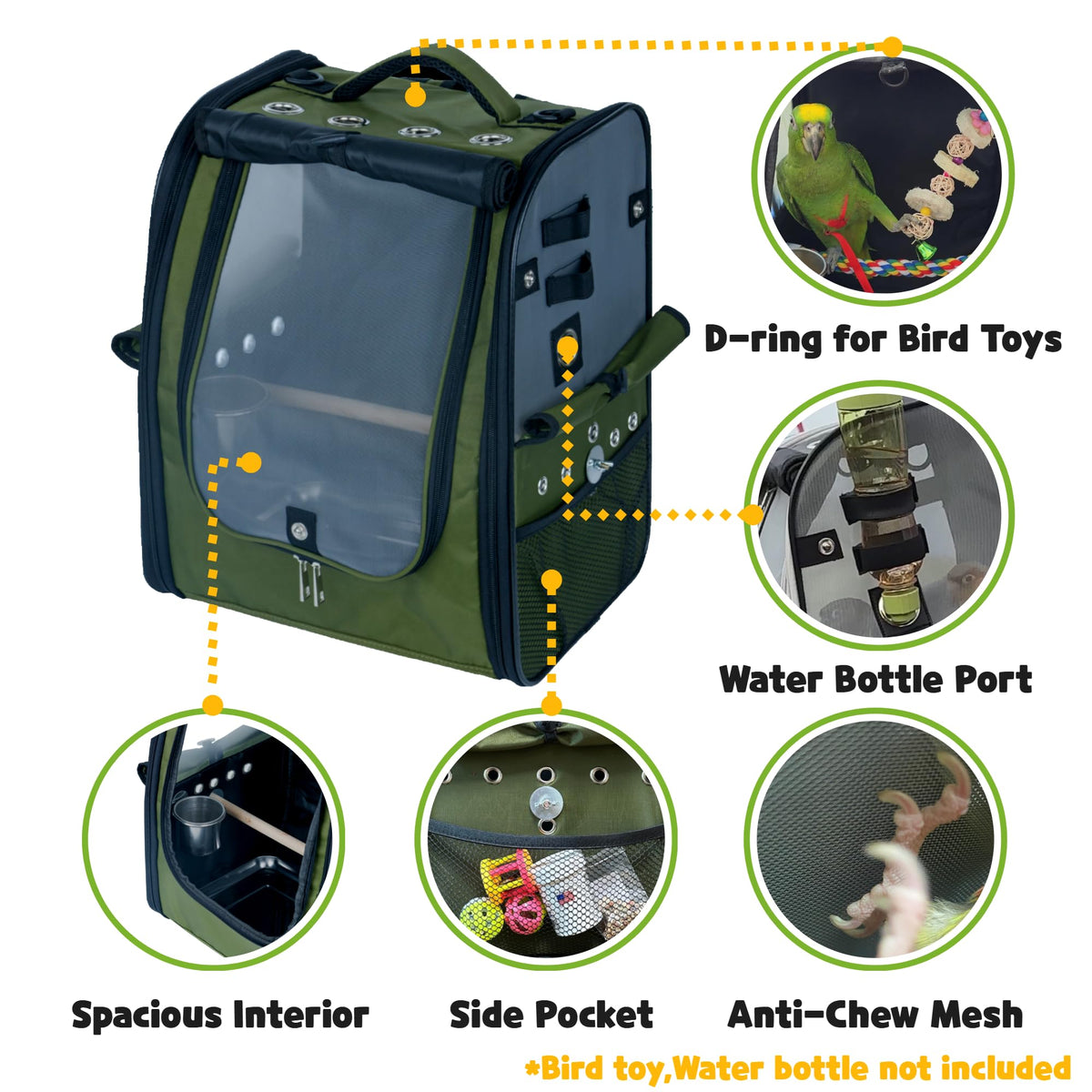 Birds Day Bird Carrier Backpack - Breathable Mesh Portable Parrot Travel Cage with 2PCS Perch, Food Bowl, and Stainless Steel Tray (Charcoal Gray)