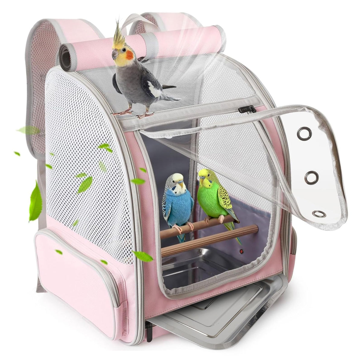 Cylindrical Portable Bird Carrier Travel Cage with Stands and Tray (Grey, Medium Carrier)