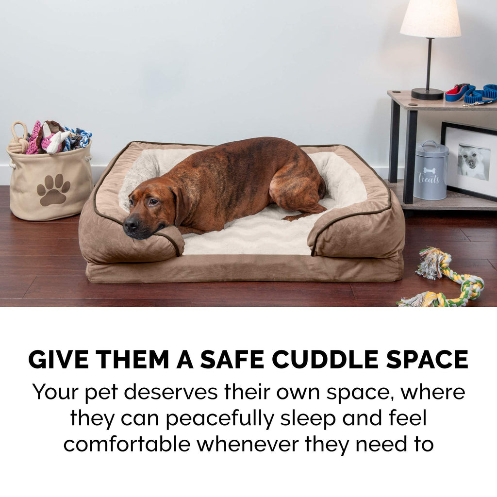 Furhaven Memory Foam Dog Bed for Large Dogs w/ Removable Bolsters & Washable Cover, For Dogs Up to 125 lbs - Plush & Velvet Waves Perfect Comfort Sofa - Brownstone, Jumbo Plus/XXL