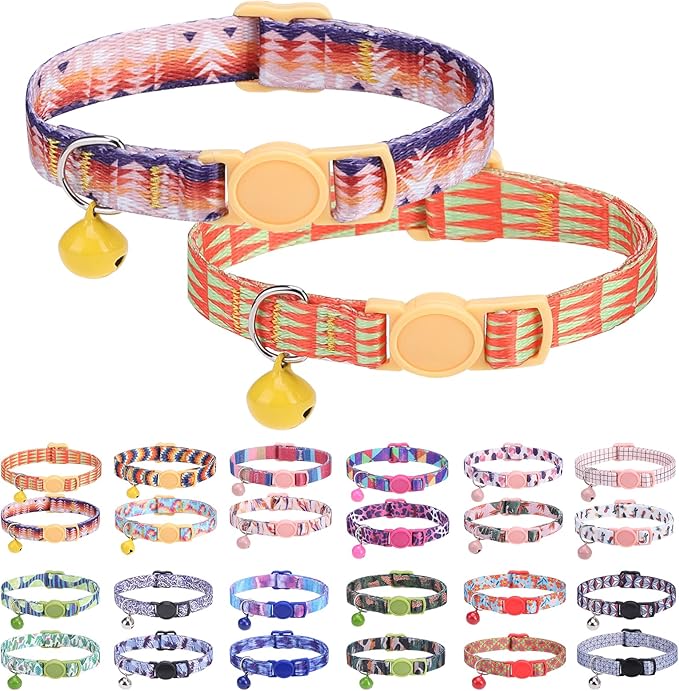 DILLYBUD Breakaway Cat Collars for Girl Boy Cats, Spring Summer All Weather Cat Collar Personalized Pattern 2 Pack,Cute Classic Safety Buckles and Bells,Adjustable Printed Nylon Colorful Kitten Collar