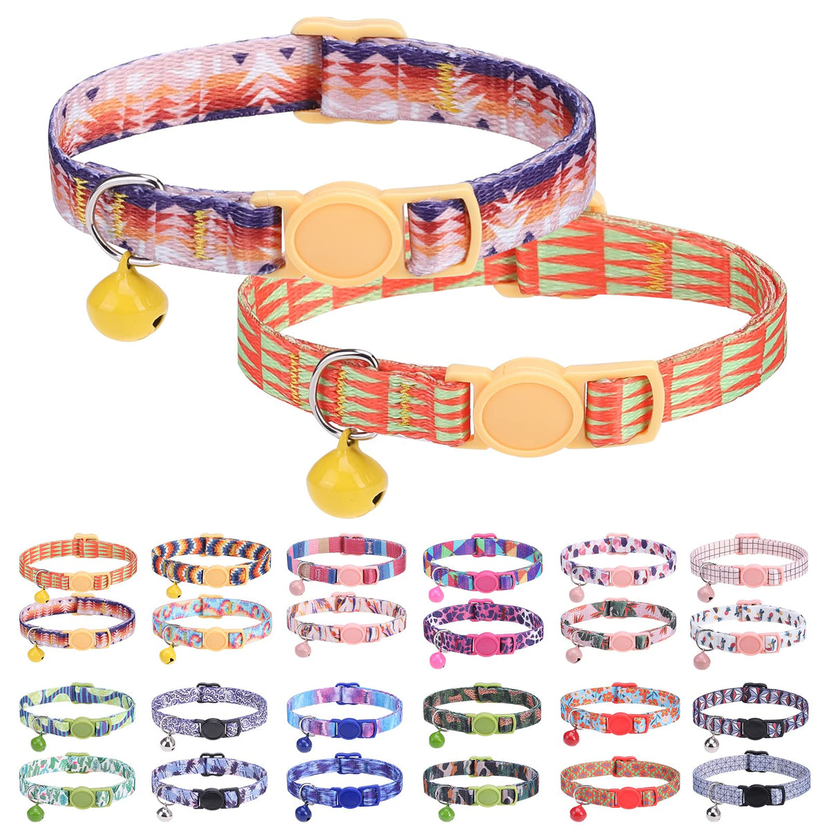 DILLYBUD Cat Collar Breakaway with Bells, Soft Cotton Pink Cat Bowtie Collar for Girl Cats, Small Cats Collar with Bow for Spring Summer, 2 Pack Cute Kitten Collars with Removable Bowtie 8-12Inch