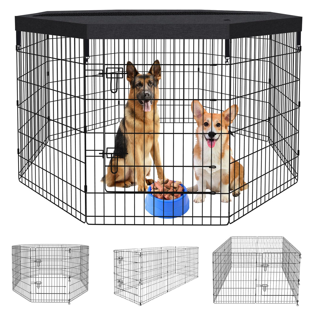 36"H Dog Playpen with Top Cover, 8 Panel 24"W Rustproof Metal Pen with Door