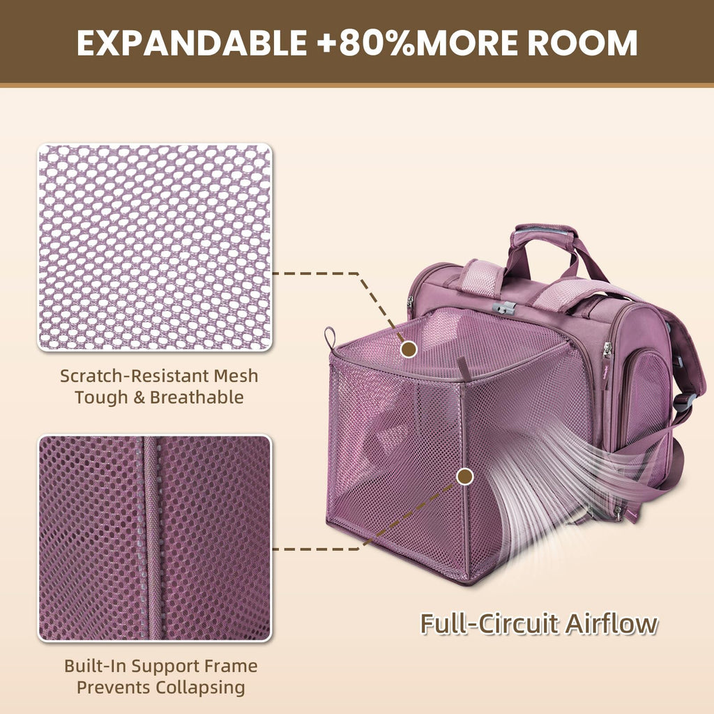 Lollimeow Expandable Cat Carrier Backpack for Large Cats - Airline Approved Pet Carrier Backpack for Small Dogs, Hiking & Travel, Waterproof with Breathable Mesh, 14lbs Capacity (Plum, Standard)