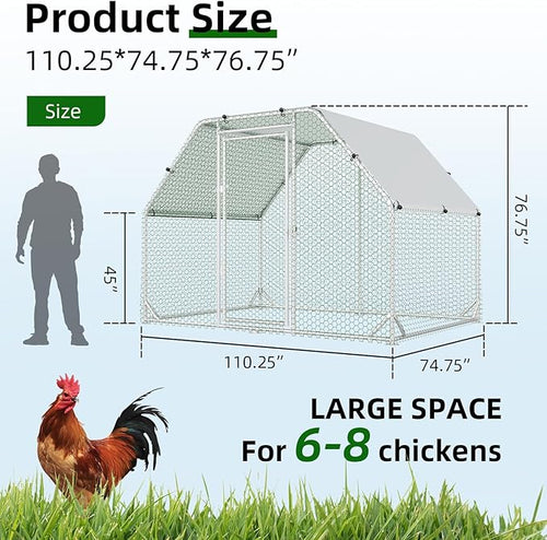 4ever2buy Metal Chicken Coop, 9.2x6.3 FT Walk-in Chicken Run Pen Poultry Cage, Water-Resistant & Anti-UV Cover, Large Chicken Coop for 6-8 Chickens