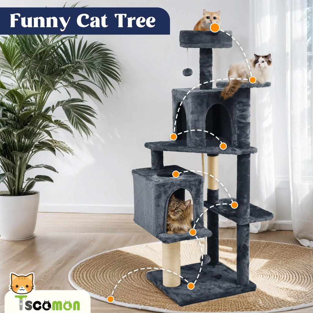 TSCOMON 58.5inch Large Cat Tree Tower Condo for Indoor Cats, Soft Plush Multi-Level Climbing Tree Cat House, Scratching Post, More Entrance/Exit, Sisal Rope, Black Grey