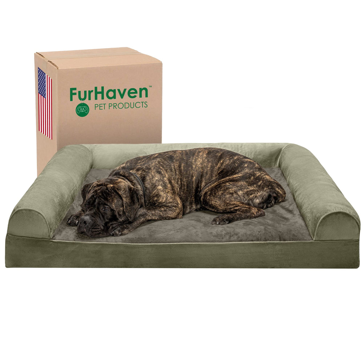 Furhaven Orthopedic Dog Bed for Large/Medium Dogs w/ Removable Bolsters & Washable Cover, For Dogs Up to 55 lbs - Faux Fur & Velvet Sofa - Dark Sage, Large