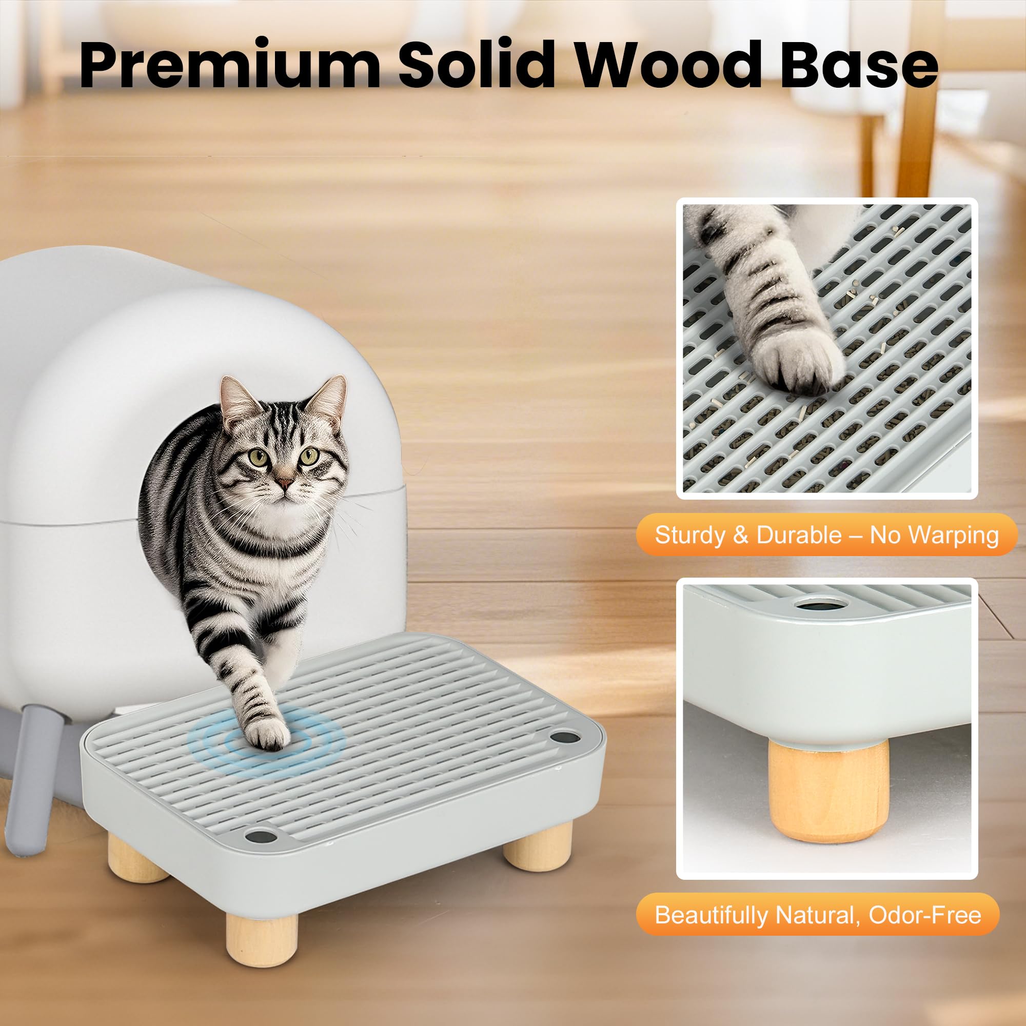 Aothey Litter Box Step, Litter Box Ramp/Catcher with Wooden Base, Anti-Tracking & Easy to Clean, Ideal for Small & Elderly Cats (Grey)