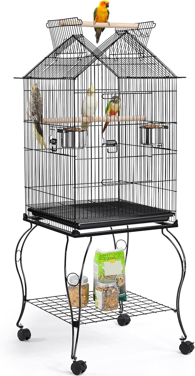 Yaheetech 57" Open Top Bird Cage with Detachable Rolling Stand & Storage Shelf, Parrot Cage for Cockatiels, Quaker, Conures, Caique & Small to Medium Parrots
