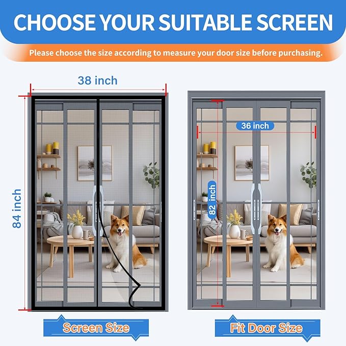 Upgraded PET Mesh Magnetic Screen Door Stronger Than Fiberglass and Polyester,Hands Free,Keep Bugs Out,Pet & Kid Friendly,Fit Door Size 36" X 82", Screen Size 38" X 84"