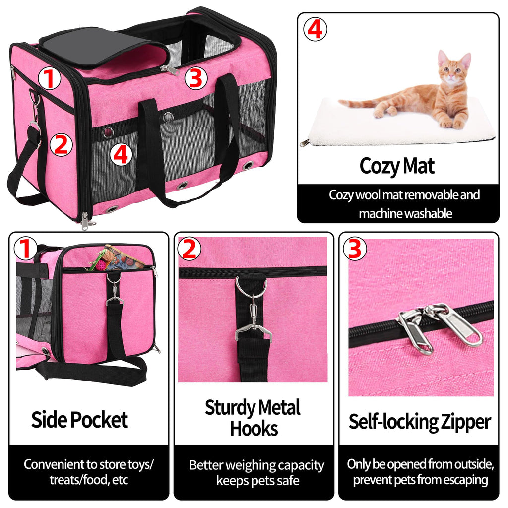 Soft Sided Cat/Dog Carrier,Collapsible Pets Travel Carriers for Pet/Puppy with Shoulder Strap & Removable Mat,Mesh Top Load Small Dogs/Cats Carry Bag Up to 25 Lbs（Pink,L）