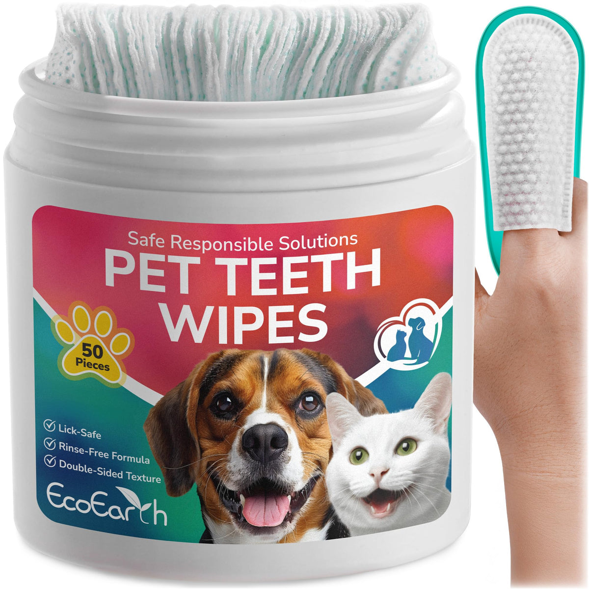 Premium Teeth Cleaning Wipes, Dogs, Cats, 50 pc, Pet Dental Care Finger Pad