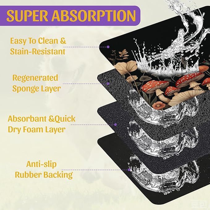 Vintage Mushroom Flower Pet Feeding Mat, Absorbent Dog Cat Bowl Pad, Fast Dry, Waterproof Rubber Back – 12x20 Inch