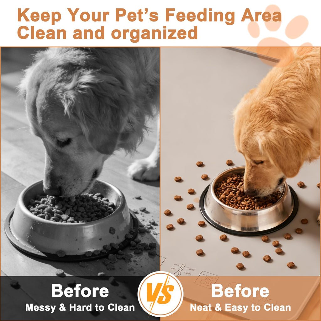 KVK Extra Extra Large Silicone Dog Food Mat 39.4×43.3in and 128oz Silicone Bag Set, Super Size Waterproof Pet Feeding Mat & Container, Non-Slip, Chew-Resistant Floor Protection (Taupe&Orange)