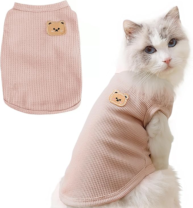 Waffle Knit Cat & Dog T Shirt for Small Dogs, Stretchable Puppy Shirt for Sphynx Cats & Small Breeds, Pet Clothes | Breathable Summer/Winter Apparel for Newborn(Pink Small)