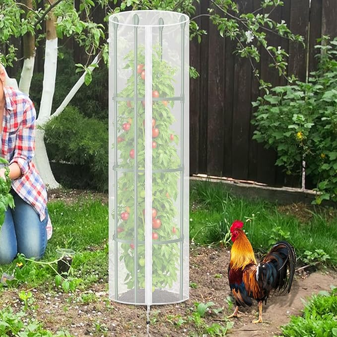 HFYZZ 3 Pcs Round Tomato Cage Bird Netting Plant Cover, 59" x 15.7" Insect Bird Barrier Tomato Cage Protection Cover with Zipper & Drawstring for Protecting Tomatoes, Fruit, Trellis Plants