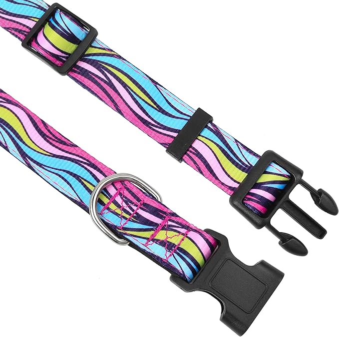 PWOD Reflective Dog Collar, Adjustable Soft Neoprene Padded Nylon Pet Collars with Buckle for Puppy and Small Dogs, Cats, Colorful Wave Pattern,M