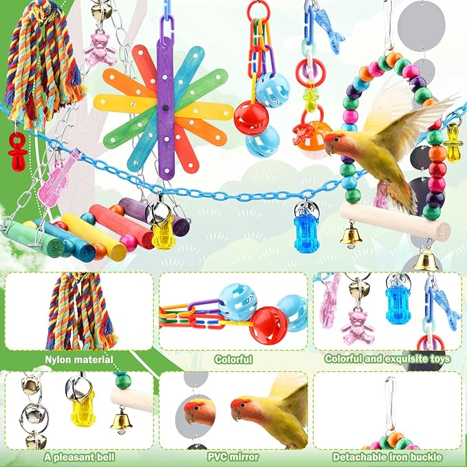QUOZUO 9 Pcs Parakeet Cockatiel Bird Toys, Parrots Cage Accessories Swing Rope Hanging Wooden Perch Chewing Toy for Budgerigar, Parrot, Cockatiel