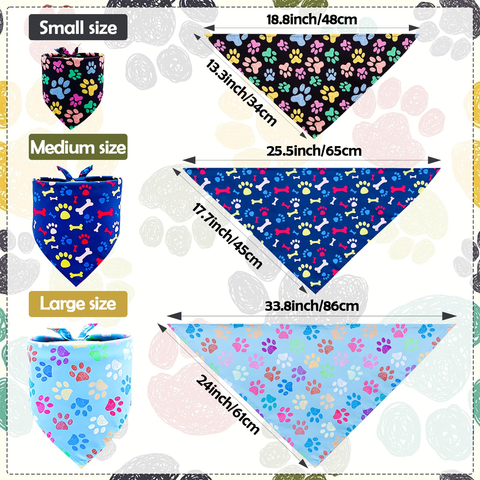 Pai Sence Paw Print Dog Bandanas Bulk for Small Dogs Sewn Edge 18" 30Pcs S
