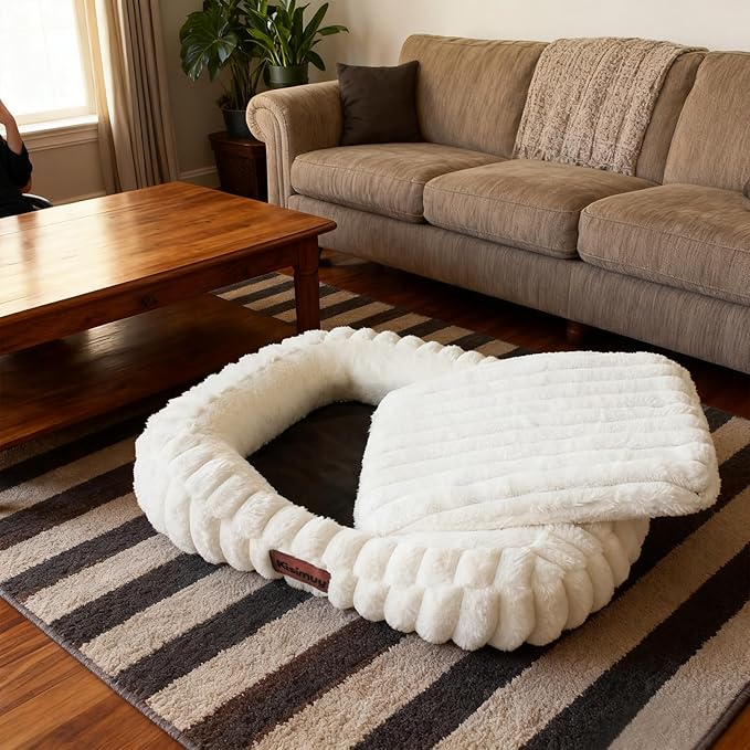 Washable Dog Bed for Extra Large Dogs - XL Soft Plush Furry Calming Dog Bed with Removable Zipper Cover, Orthopedic Rectangle Anti-Anxiety Pet Kennel Bed with Handle, 43x31x5inches, Cream