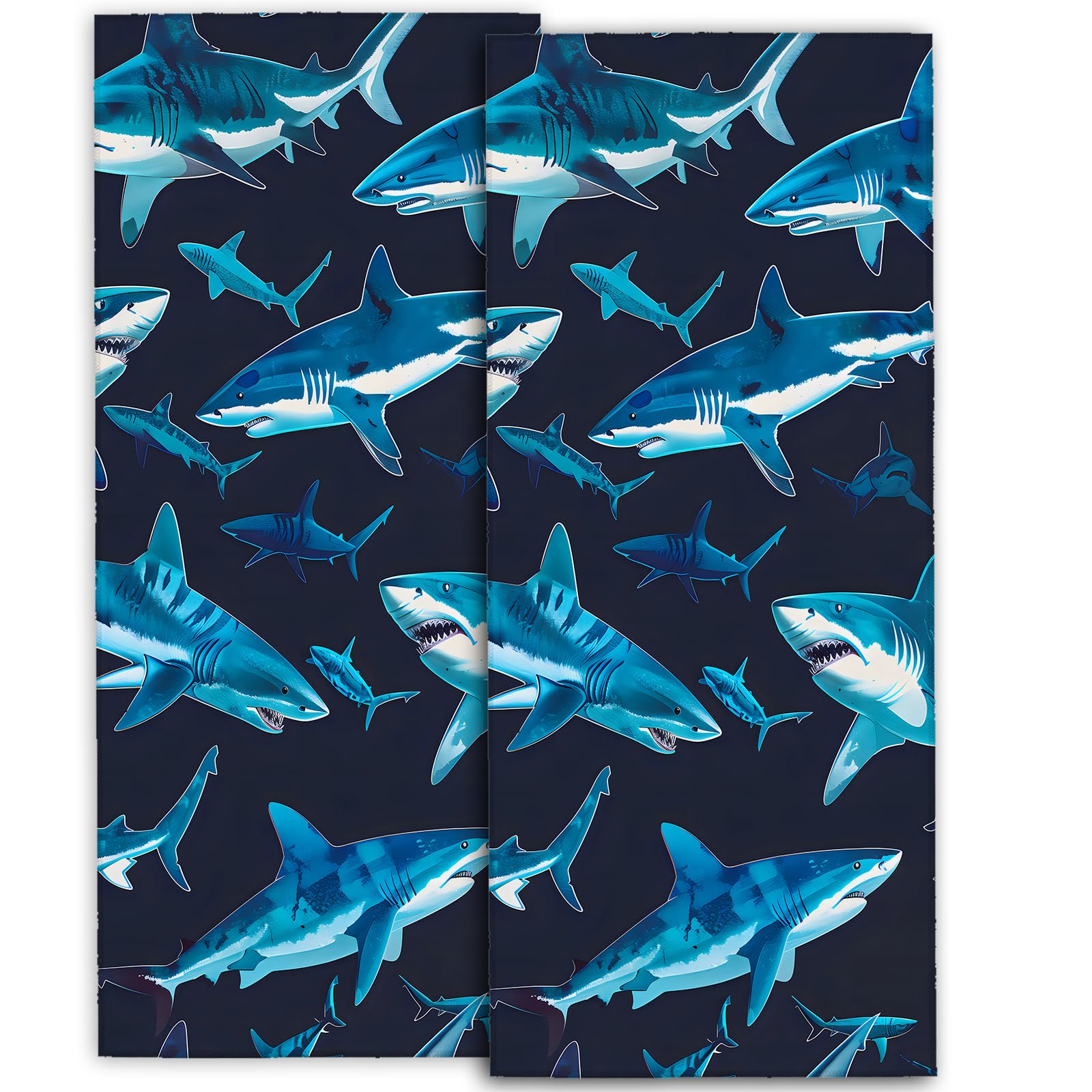 amepay Cute Shark Hand Towels - 2 Pack, 14.5" X 28",Soft Microfiber Polyester Dark Towel Set with Bold Dynamic Sharks Pattern,for Ocean Bathroom Kitchen Spa Hotel Decor Gifts