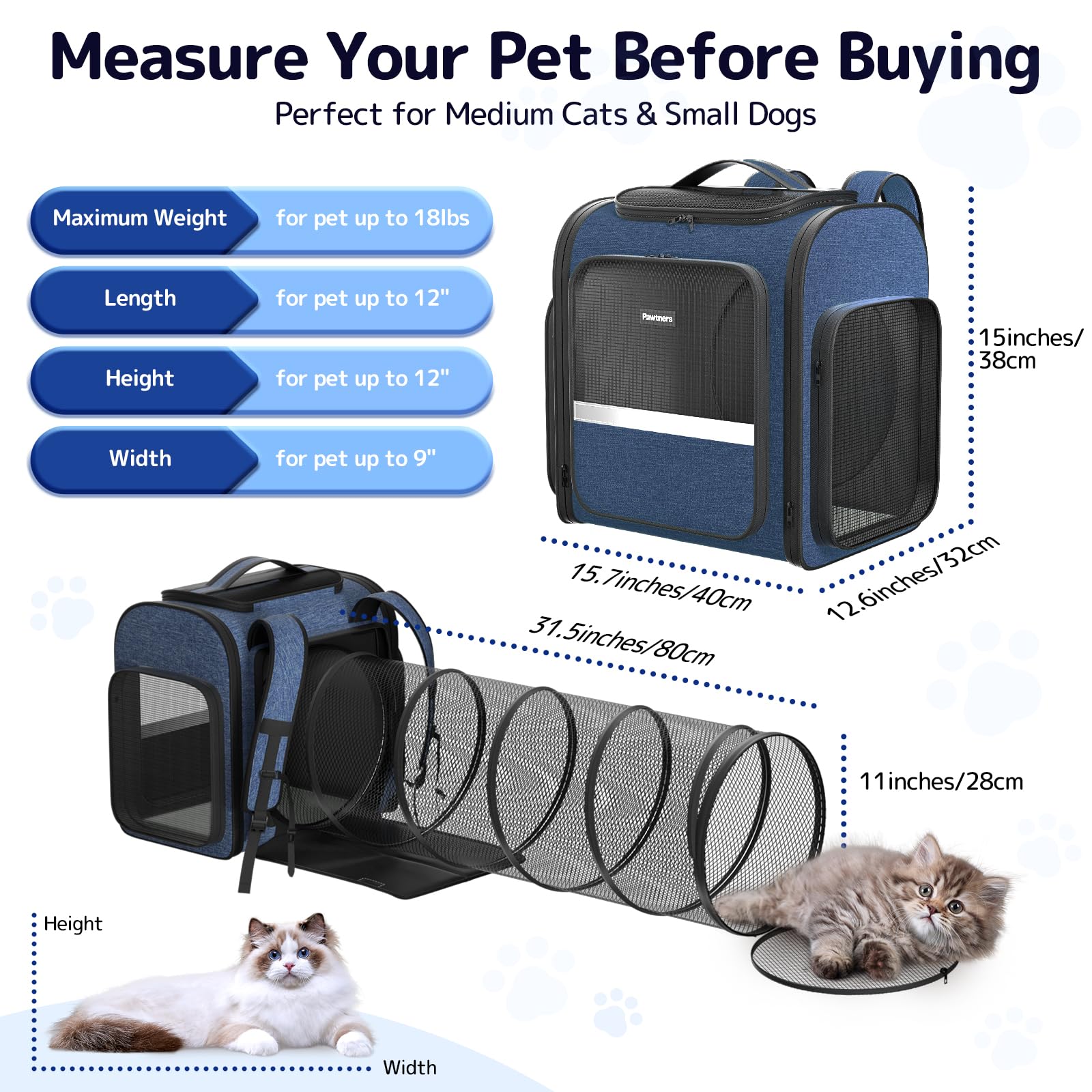 Pawtners Cat Backpack with Play Tunnel, Design for Carrying Playing Blue