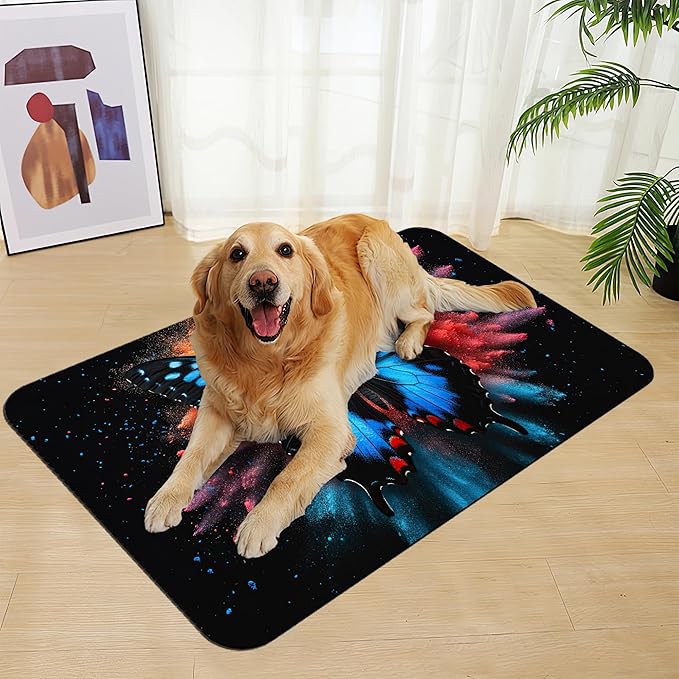 Blue Butterfly on Blooming Pet Feeding Mat–Christmas Stocking Quick Dry Absorbent Dog Cat Food Mat, Non Slip Waterproof Bowl Placemat for Messy Eaters, Pet Accessories for Floors 16"x24"
