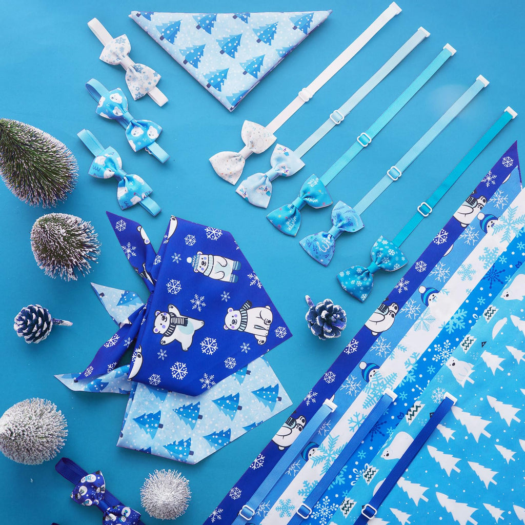 Sanwuta 50 Pcs Winter Dog Bandanas Bulk and Charm Collar Bow Ties Set 25 Snowflake Bandanas for Dogs 25 Snowflake Doggie Collar Triangle Cat Scarf Bowtie for Small Medium Large Pet Winter Costume